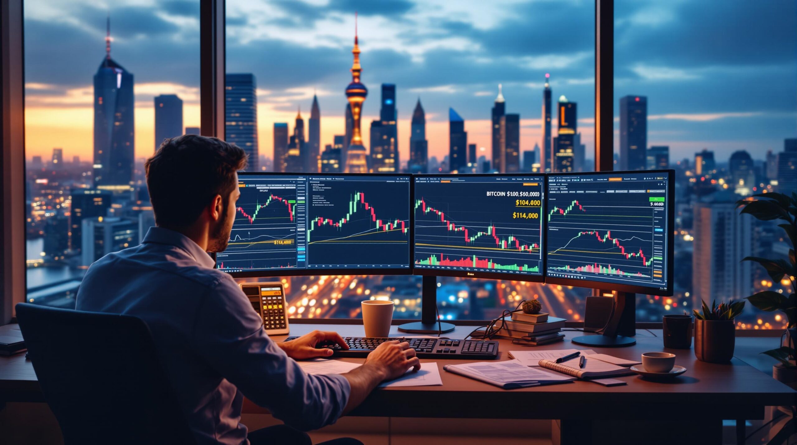 Analista financeiro acompanha Bitcoin ultrapassando $104.000 em gráficos técnicos. Imagem gerada por IA.