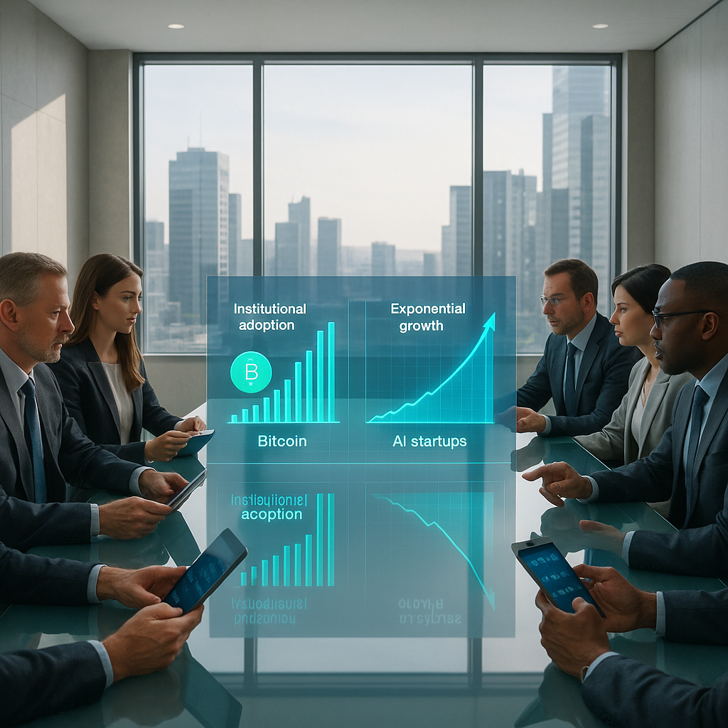 Investidores discutindo as tendências de mercado impulsionadas por Bitcoin e IA. Imagem gerada por AI.